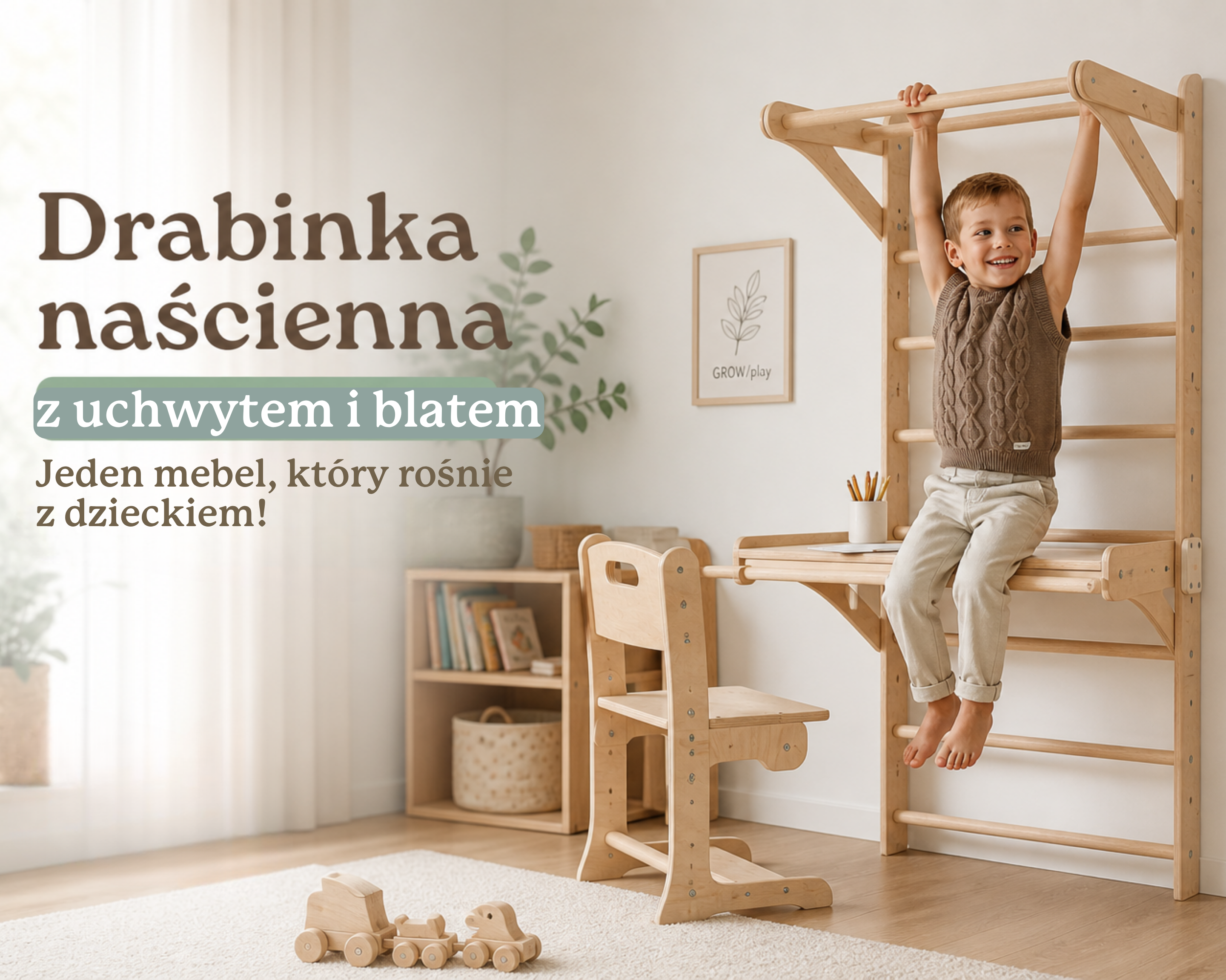 Drabinka naścienna z uchwytem i blatem - jeden mebel, który rośnie z Twoim dzieckiem